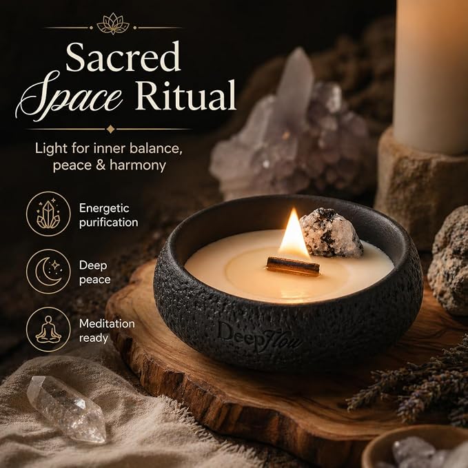 DEEP FLOW Luxury Crystal Ritual Candle - Inner Light with Black & White Moonstone, Clean Herbal Woody Scented Soy Wax for Meditation & Spiritual Clarity (Soul Awakening)