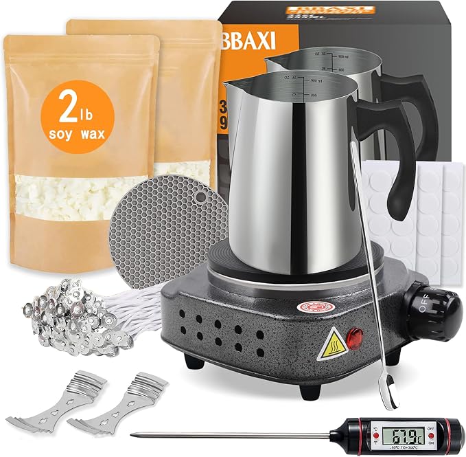 BBAXI Candle Making Kit with Electronic Hot Plate,Candle Wax Melter for Melting,Including Pouring Pot, Hot Plate,2lb Soy Wax,Stain Spoon,Cotton Wicks,Center Devices,Wick,Thermometer.