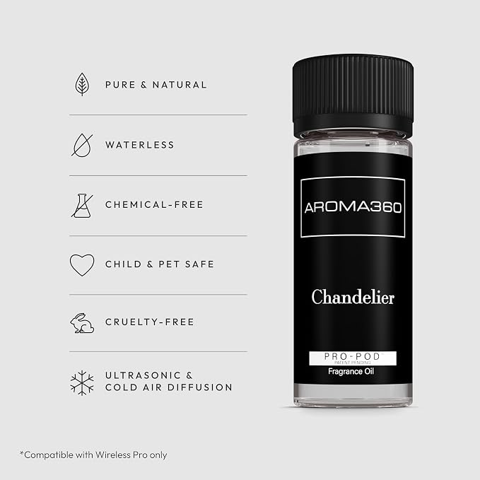 Aroma360 - Chandelier Pro Pod Fragrance Oil Blend | Hotel Inspired Luxury Essential Oil Diffuser | Aromatherapy Scent Diffuser Oil | Bergamot, Woodsy Sandalwood and Saffron 1.7 fl oz, 50 mL