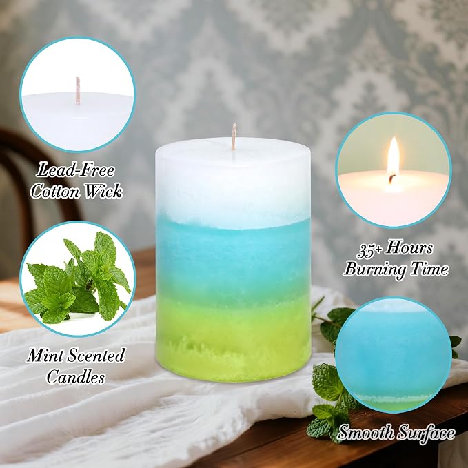 Mint Scented Pillar Candles - 3X4 Inch Aromatherapy Long Burning 35+ Hours, Clean Burning & Smoke-Free for Meditation Spaces, Home Offices