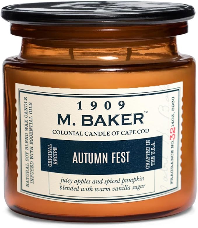 Colonial Candle Autumn Festival Scented Candle, 2-Wick Natural Soy Blend Wax Candle Infused with Essential Oils, 14 oz Apothecary Glass Jar Candle - Made in The USA