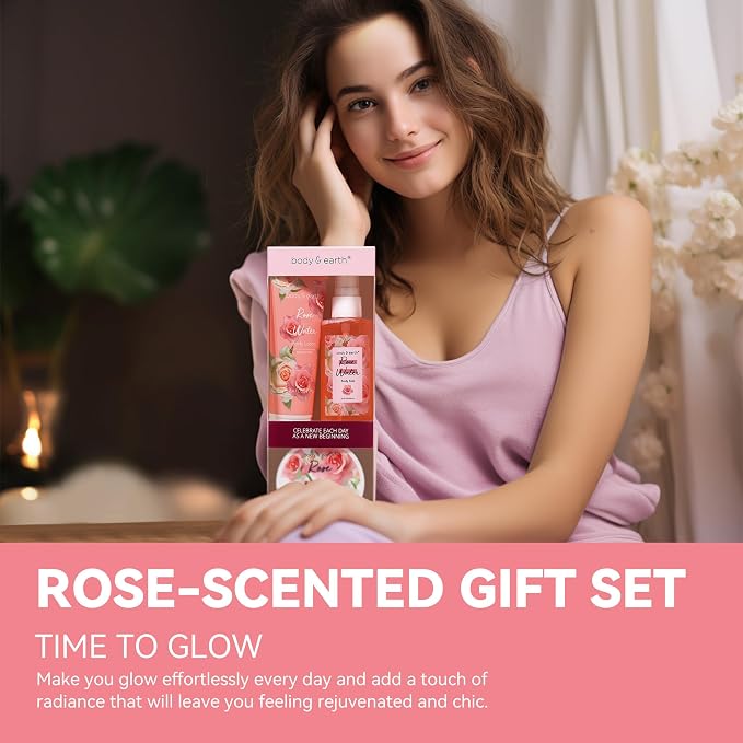 BODY & EARTH Gift Set - Spa Sets for Women, Perfume, Body Lotion, and Scrub in a Rose Water Box - Perfect Birthday Gifts for Mom Girlfriend Her