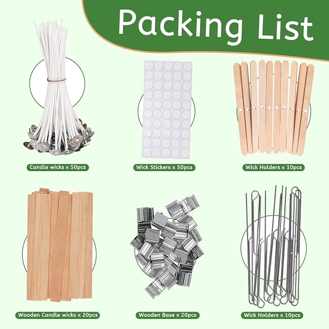 Candle Making Supplies Kit - Natural Cotton & Wooden Wicks with Stickers, Sustainers, Holders for Soy Wax, Beeswax, Coconut Wax DIY Candle Making Supplies (Pack of 6)