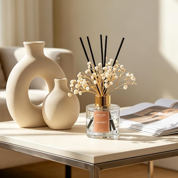 Reed Diffuser Set, 3.38 fl oz (100ml) Coconut Scent Oil Diffuser with 6 Reed Sticks, Natural Home Fragrance Reed Diffuser for Bathroom, Bedroom, Living Room Shelf Decor