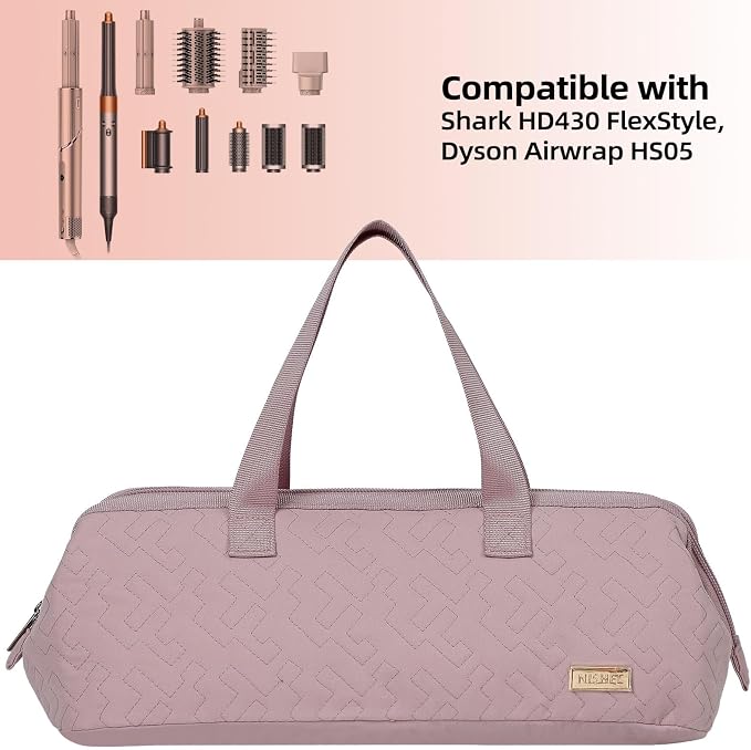 NISHEL Hair Tools Travel Carrying Bag, Portable Hair Air Wrap Dryer Case, Hair Dryer/Curling Iron/Airstraight Attachment Organizer, Peach Pink
