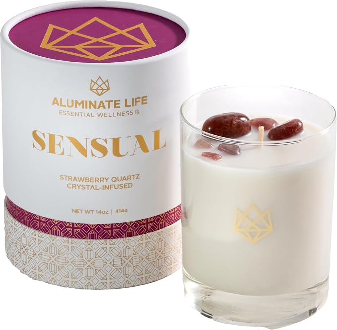 Luxury Glass Jar Candle, 14 OZ, Sensual - Strawberry Quartz Crystal Infused - Scents of Star Anise, Rose, Sichuan Pepper & White Musk - Coconut Wax, Essential Oils, Dr. Developed