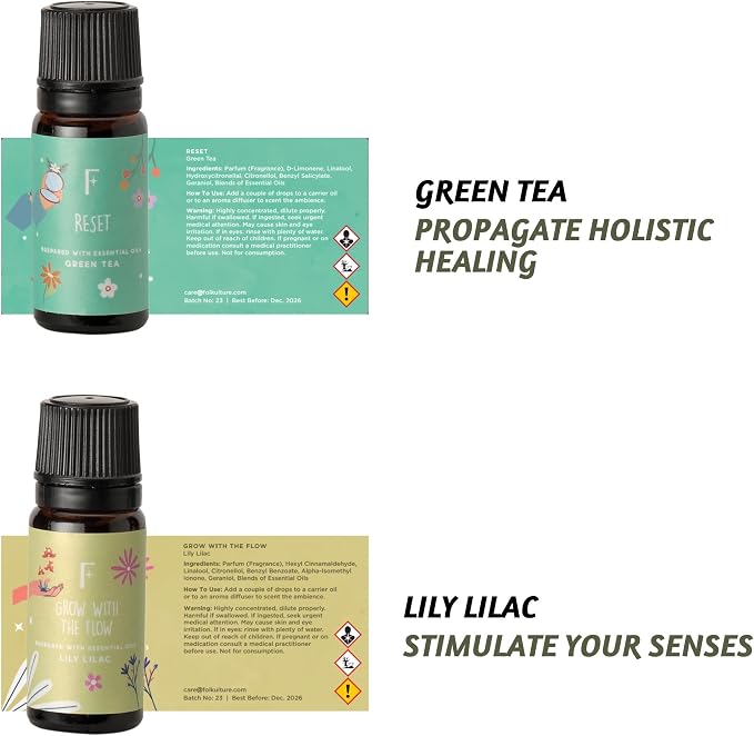Folkulture Essential Oils Set | 6 Relaxing Fragrance Oils for Diffusers | Green Tea, Cashmere, Ocean Salt | Aromatherapy Gift Set for Her, Him | Graduation Gifts | Self-Care Lovers | Self Love Club