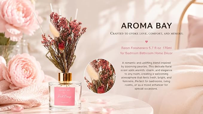 5.7 fl oz Pink Peony Reed Diffuser Set, Glass Bottle with Preserved Flowers, Natural Decoration for Bedroom,170ml, Friendship Gifts for Best Friends, Back to School Gift, Gift for Mom