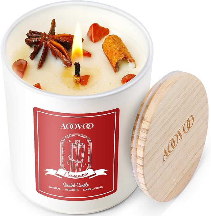 AOOVOO Apple Cinnamon Scented Candles for Women - Aromatherapy Candle with Crystals Inside, 10oz Soy Candles for Home Scented, Birthday Gifts Valentines Day Candle for Women Mom