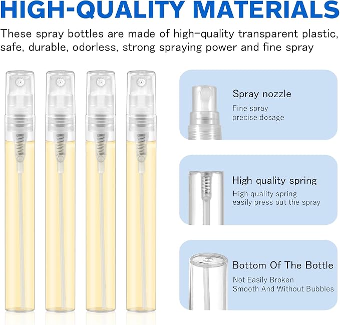 Mini Spray Bottle, Clear Plastic Empty Sample Containers, Fine Mist Perfume Travel Refillable Spray Bottle Perfume Atomizer Small Portable Bottle for Cleaning, Travel, Essential Oils (60, 5ml)