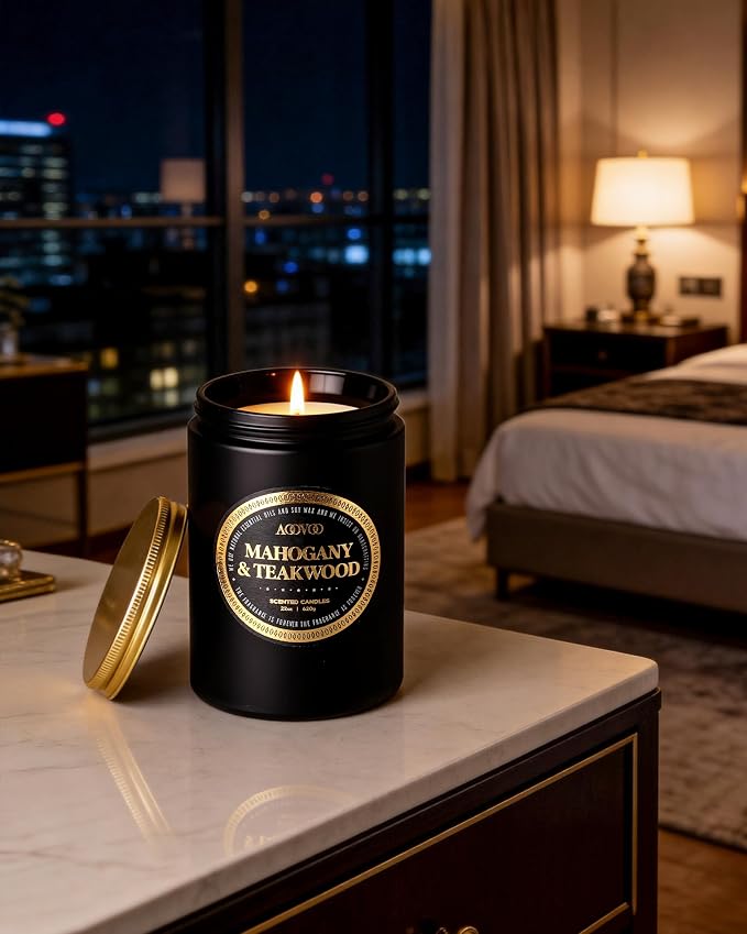 AOOVOO 22oz Large Scented Candles for Men - Mahogany & Teakwood Candles for Home Scented | Soy Candle | Strong Fragranced Masculine Black Candle Gift for Women & Men