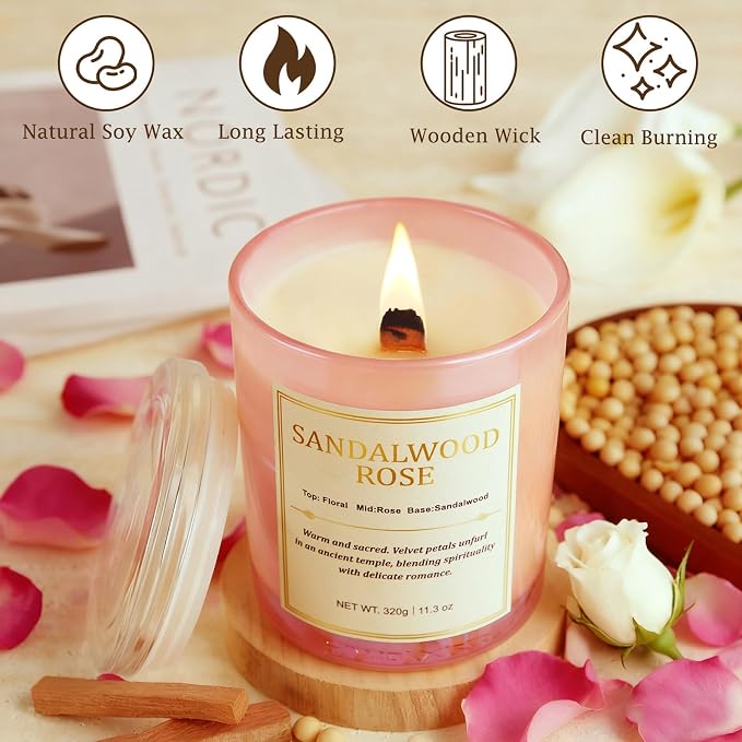 Scented Candles for Home, 2 Pack Wood Wick Sandalwood Rose Scented Candle,22.6 oz 150 Hour Long Burning Lasting, Natural Soy Wax Candles Gifts Set