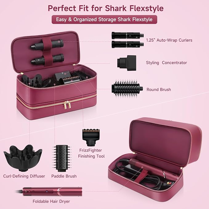 Travel Hair Dryer Case for Shark Flexstyle, Double-Layer Carrying Case for Shark Flex Style Blow Dryer, Portable Hair Tools Storage Organizer Bag for FlexFusion Beauty Hairdryer Attchments (Cherry)