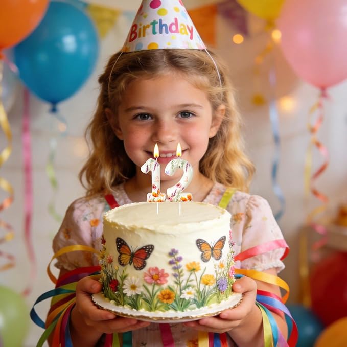 Number 2 Birthday Candle for Cake – Floral Botanical Design with Butterfly Detail – Elegant Cake Topper for Birthday, Garden Party Decoration