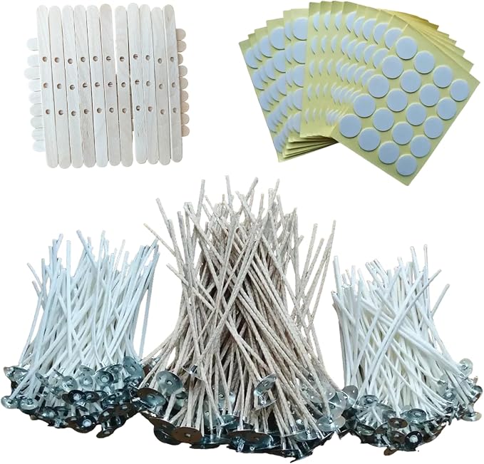 Candle Wicks for Candle Making, 200Pcs 4 Inch + 100Pcs 6 Inch Pre-Waxed Cotton Candle Wicks Kit with 300Pcs Wick Stickers, 20Pcs Candle Wick Holders & Clips, Candle Making Supplies for DIY Candles