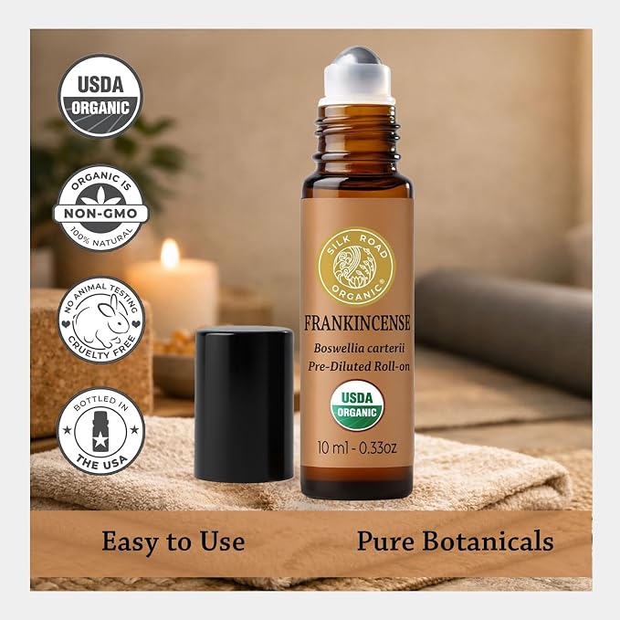 Silk Road Organic Frankincense Carterii Essential Oil Roll On, 100% Pure USDA Certified Aromatherapy for Radiant Skin, Body Aches, Stress Relief, & Calm - 10 ml Roller