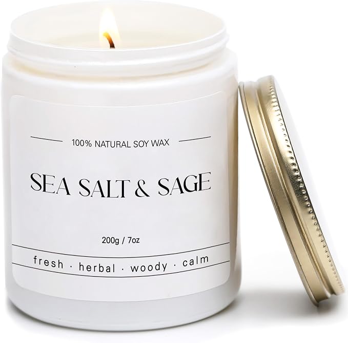 Sea Salt & Sage Candle - Summer Scented Soy Candles for Home - Coastal Decor for Beach Lovers, 7oz Soy Wax, 40 Hour Burn Time, Beach, Living Room, Bathroom