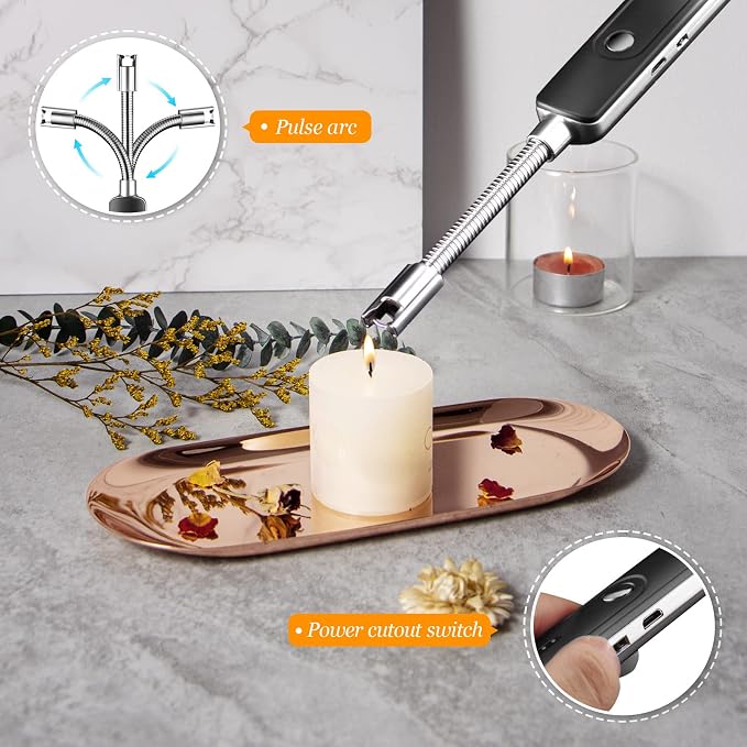 5Pcs Accessory Set with Rechargeable Electric Lighter, Storage Tray, Wick Trimmer, Snuffer, Dipper, Stainless Steel Care Kit Gift Package for Candle Lover Rose Gold