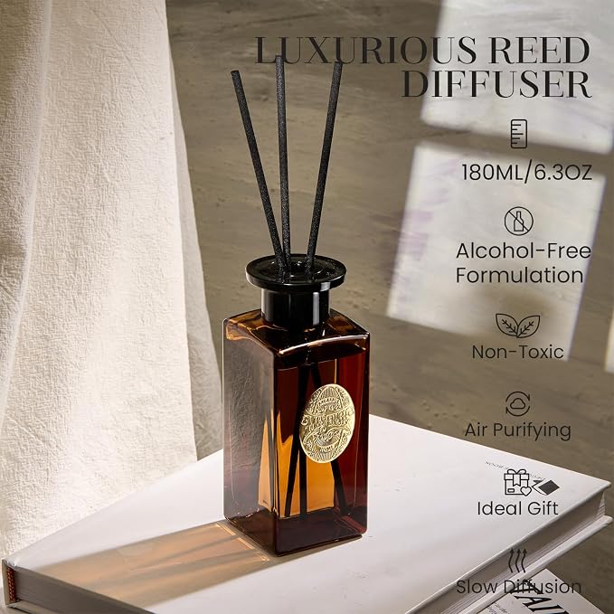 M&SENSE 6.3 oz Large Reed Diffuser Set | Tobacco Teakwood Scent Oil Diffuser with Sticks | Hotel Collection Non-Toxic Essential Oil |for Bedroom Bathroom Living Room
