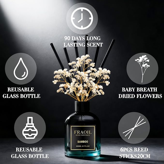Bamboo Reed Diffuser, Reed Diffuser Set 6.7 fl oz (200 ml) with 6 Reed Sticks, Home Fragrance Reed Diffuser for Bathroom Shelf House Bedroom Office Decor