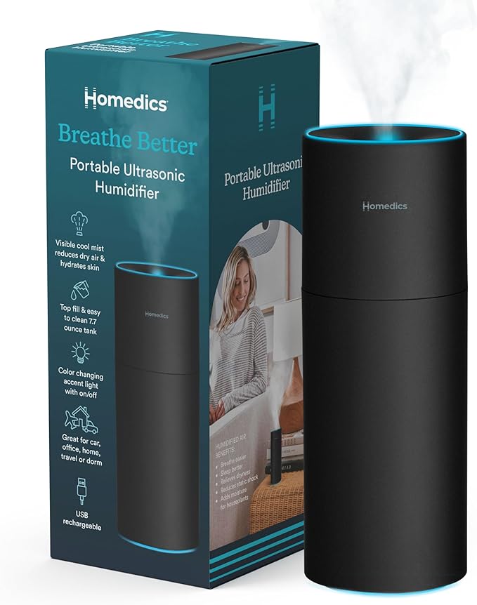 Homedics Portable Humidifier - Small Air Humidifiers for Bedroom, Plants, Office, Travel - Cool Mist Humidifiers, Color-Changing Accent Light, 2 Mist Settings, Matte Black