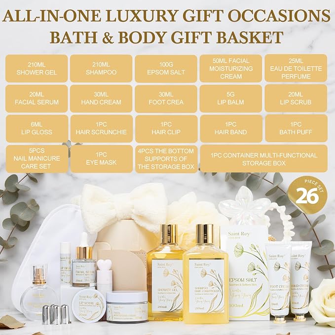 23 Pcs Bath & Body Gift Basket, Face Skin Care Kit, Spa Gift Set, Home Spa | VANILLA & YLANG YLANG Spa Gift Basket for Women, Lip Self-Care Relaxation Gift, Birthday, Christmas, Valentines, Anniversary