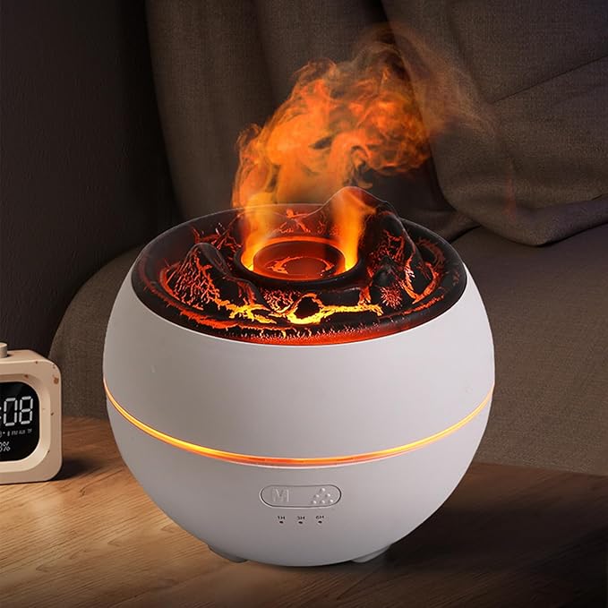 YALEDI Essential Oil Diffuser, Volcano Flame Fire Oil Diffuser, 360ml Ultrasonic Cool Mist Aromatherapy Humidifier, Scent Diffuser with 7 Colors Light, Timer & Auto Shut-Off for Home, Room (White)