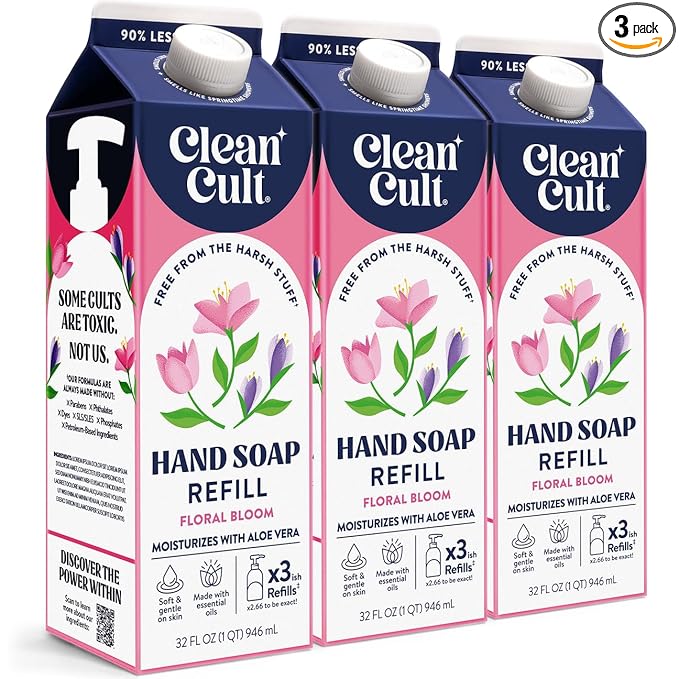 Cleancult Liquid Hand Soap Refill - Floral Bloom- Moisturizes Dry & Sensitive Skin - Made with Aloe Vera & Essential Oils - Eco Friendly - Paper-Based Packaging - 32 oz/3 Pack