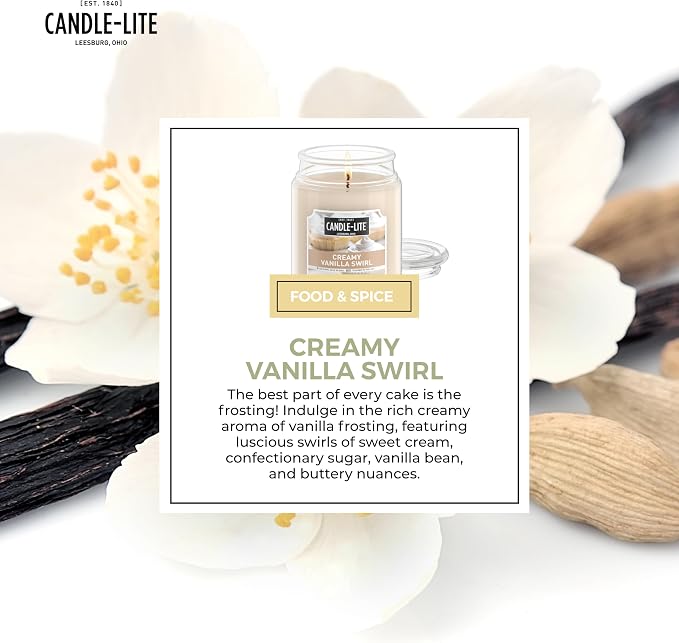 Candle-lite Fall Scented Candles, Creamy Vanilla Swirl, 18 oz Jar, Proudly Poured in The USA, Aromatherapy Candle, Single-Wick with 110 Hours of Burn Time, Perfect for Creating a Relaxing Ambiance