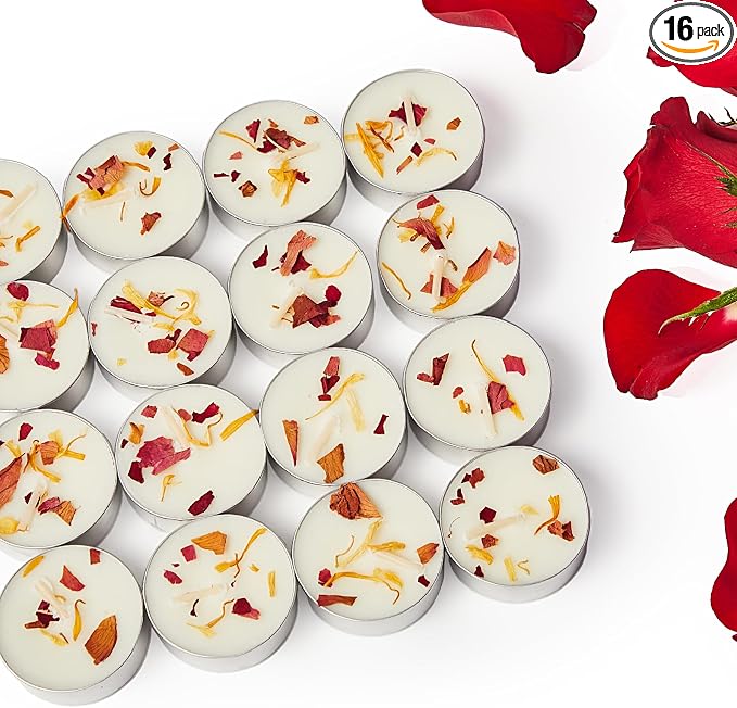 16 Pack Rose Tealight Candles, Petals-Infused with Real Rose Petals, Natural Soy Wax 4-Hour Clean Burn, Smokeless for Relaxation, Wedding & Home Decor