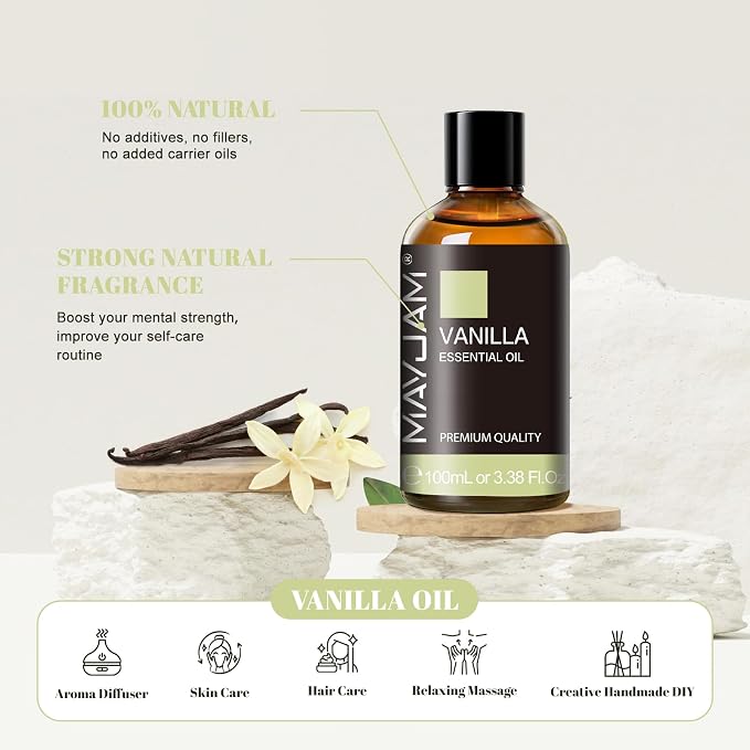 Vanilla Essential Oil 100ml, MAYJAM Premium Essential Oils for Aromatherapy, Diffuser, Soap Making, Candle Making, Large Bottle Vanilla Oil with Gift Box(3.38fl.oz)