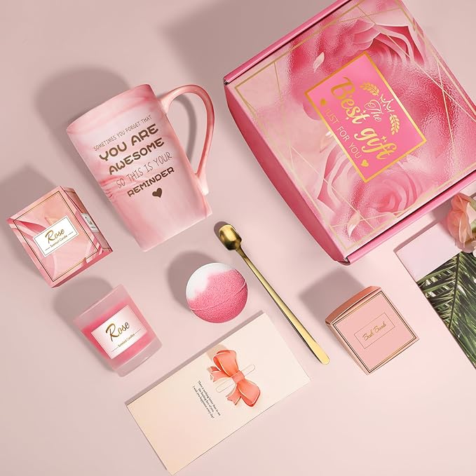 Birthday Gifts for Women, Mom, Sister, Friend: Unique Pink Self Care Spa Relaxation Baskets Set, Mothers Day, Christmas, Valentines, Holiday, Gift for Her, Girlfriend, Grandma, Wife, Bestie, Coworker