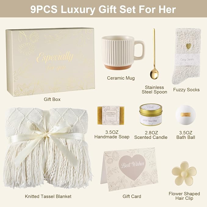 Get Well Soon Gifts Baskets for Women Self Care Gifts,Birthday Gifts for Women Spa Care Package, Set for Mom Wife Girlfriend Sister Best Friend (Ivory)