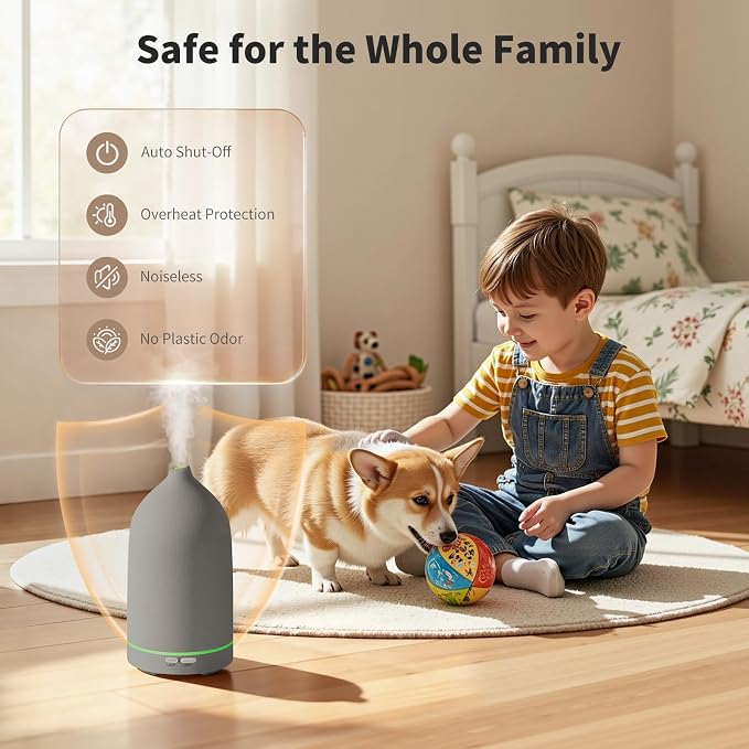 URPOWER 120ML Essential Oil Diffuser Aromatherapy Diffuser Oil Machine with Elegant Gray Ceramic Design Ultrasonic Cool Mist Humidifier with 7 LED Lights, Auto-Off for Home Decor & Relaxation Office
