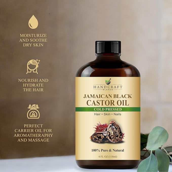 Handcraft Blends Cold-Pressed Jamaican Black Castor Oil 4 Fl Oz | Glass Bottle | Lash Brushes | 100% Pure and Natural | Premium Grade Carrier Oil | Hair, Eyelashes and Eyebrows | Hair and Body