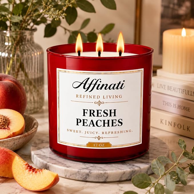 Affinati Fresh Peaches 3-Wick Scented Candle – Large Soy Blend Candle, Strong Scent Throw Sweet Vibrant Summer Orchard Fruit Candle, Premium Room Odor Eliminator