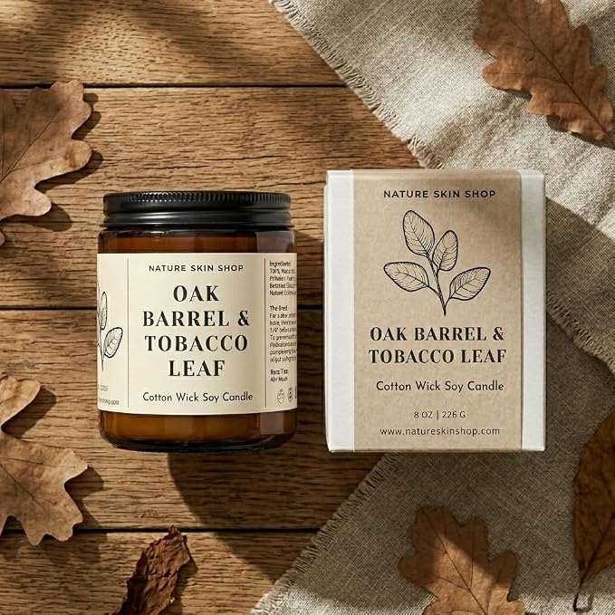 Nature Skin Shop Oak Barrel and Tobacco Leaf Artisan Soy Candle Warm Aromatherapy Home Fragrance Vegan Cotton Wick 8 oz