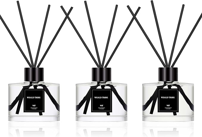 Reed Diffuser Set of 3 for Bathroom Air Fresheners, Oil Diffuser Sticks | Fresh Linen, Ocean, Eucalyptus & Mint Scent(1.7 fl oz Each Pack) Fragrance with 12 Sticks Defusers | Shelf Decor
