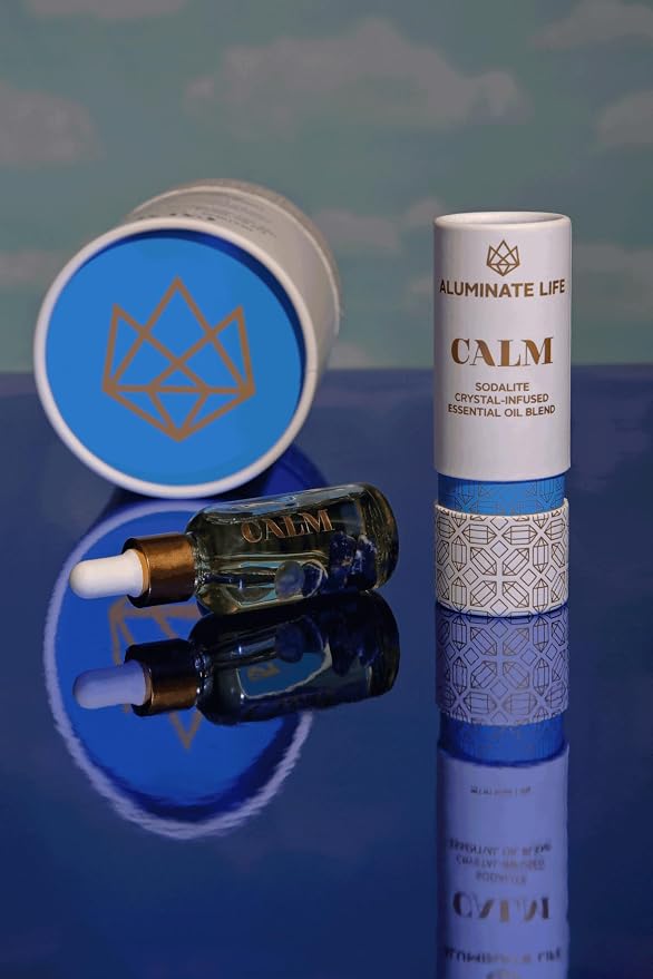 Crystal Infused Essential Oil Vial, 1 Oz, Calm - Sodalite Crystal Infused - Scents of Chamomile, Howood, & Sage - Aromatherapy Oils, Massage, Relaxing, Stress Relief
