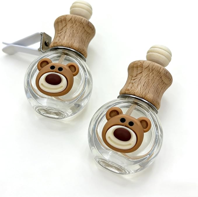 2 Pack Bear Refillable Car Vent Clip Diffuser Empty Glass Bottle | Wood lid aroma bottle with dropper, holds essential oils for car wardrobe home bathroom use