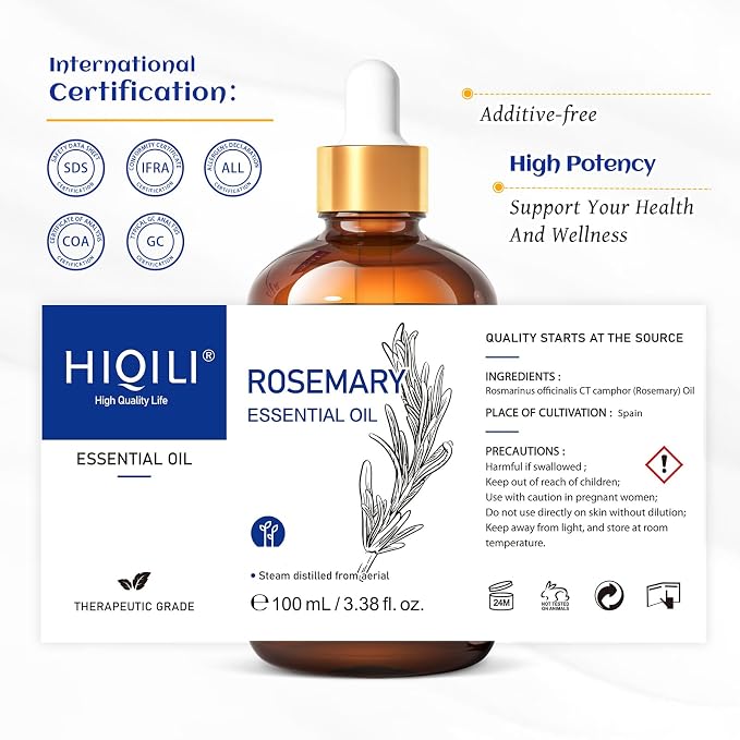 HIQILI Rosemary Essential Oil, for Shampoo, Conditioner, Skin & Diffuser - 3.38 Fl Oz