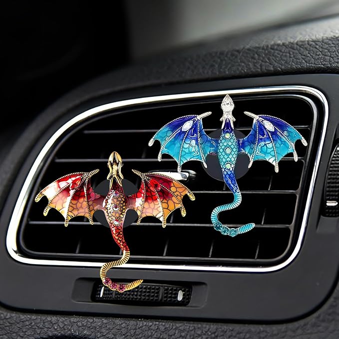 2 Pcs Bling Dragon Car Air Freshener Vent Clips, Crystal Rhinestone and Enamel Dragon Air Vent Clips Car Diffuser Cute Car Interior Decoration Accessories for Women Gift (Blue Red)