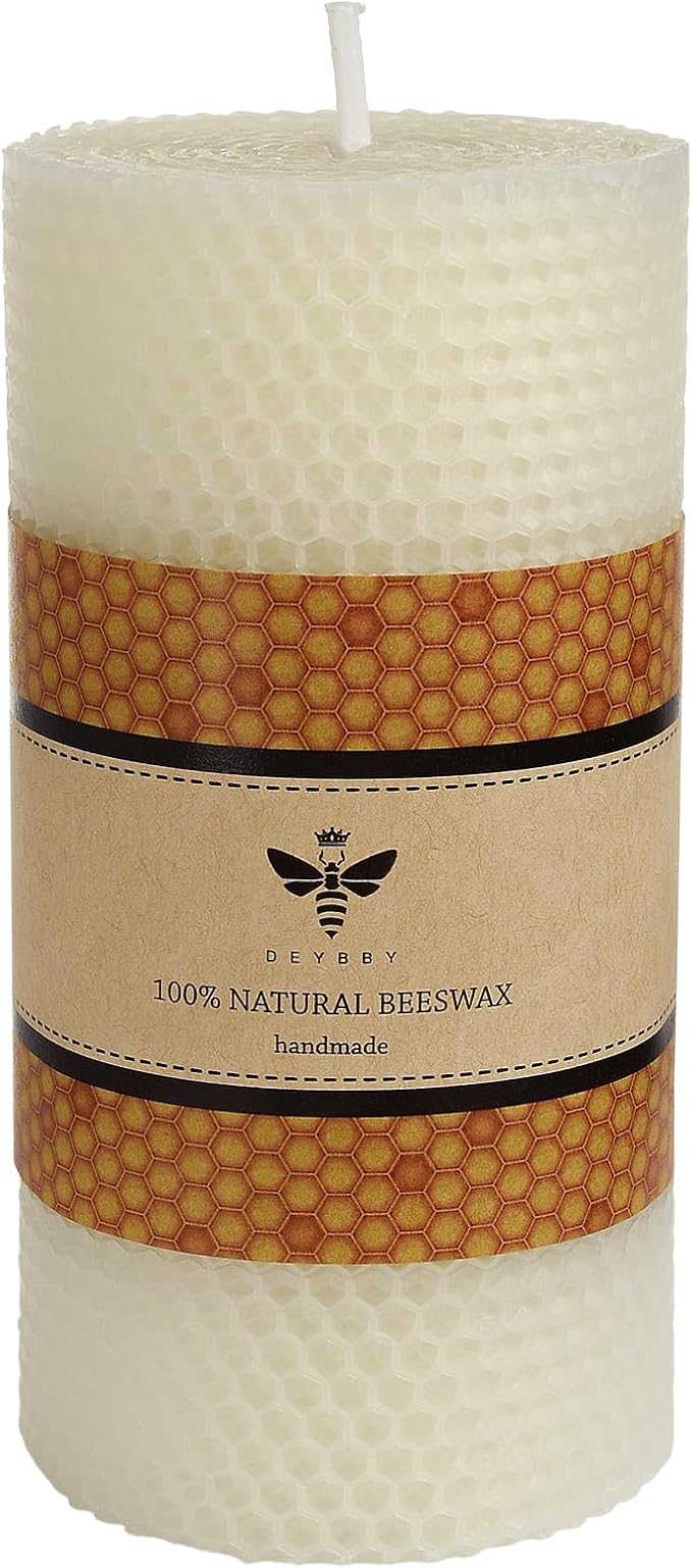 DEYBBY Natural White 3×6 in Beeswax Pillar Candle - Handmade Pure Organic Beeswax Honeycomb Rolled Candle for Home Study Decor Housewarming Gift