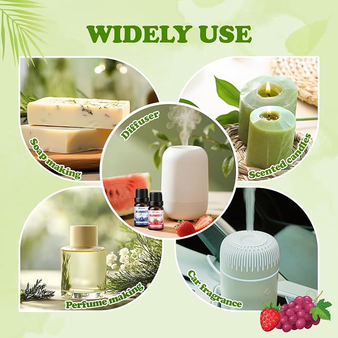 Fruity Fragrance Oil, Premium Fruit Essential Oils for Diffuser, Candle Soap Making Scents, 10ml/0.33fl.oz, Apple, Cantaloupe, Strawberry, Grape, Fruit Scented Oils for DIY, Bath Bombs Making