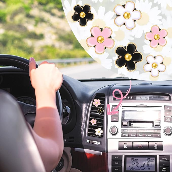 Frienda 6 Pcs Daisy Flower Air Vent Clip Accessories Air Conditioning Outlet Clip Car Air Freshener Dashboard Accessories Charm Car Inter Decor(3 cm, 3.3 cm,Black, Pink, White)