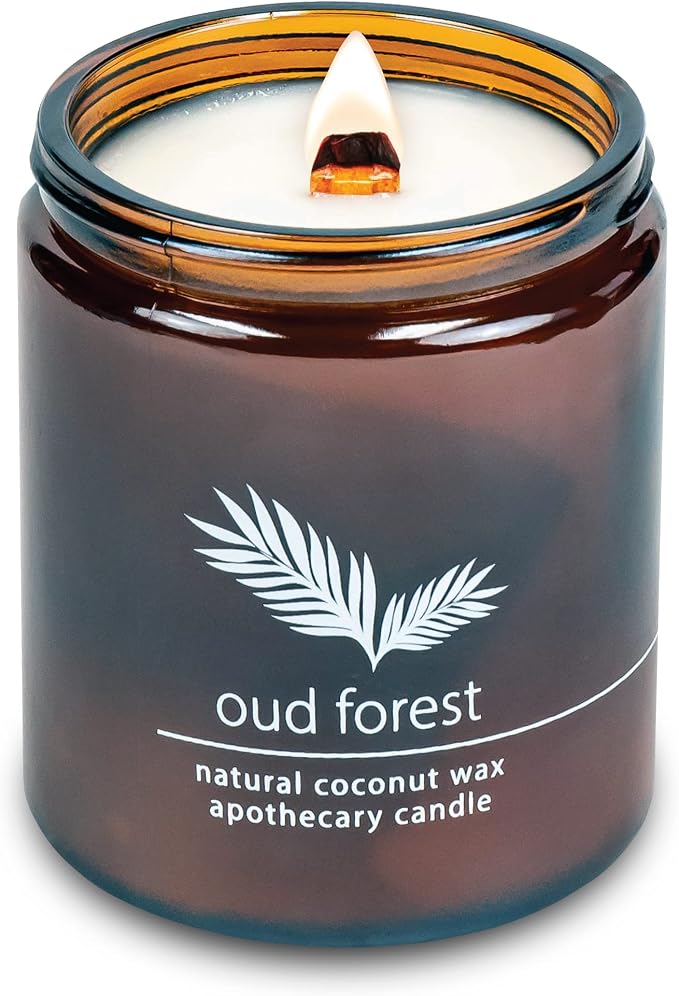 Hemlock Park Oud Forest Apothecary Scented Candle | Crackling Wood Wick, Botanical Fragrance & Coconut Apricot Wax | Up to 60 Hour Burn Time | 8 oz | Made in USA