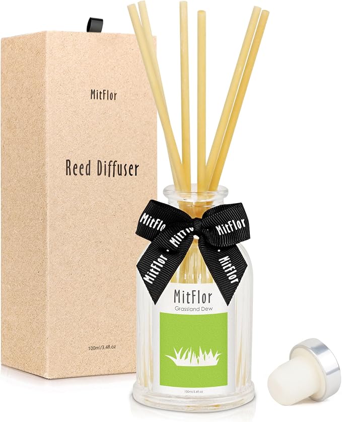 Hotel Collection Diffuser, MitFlor Grassland Dew Reed Diffuser for Home Decor and Fragrance - Lemon, Grass, Ocean, Amber Musk, Sandalwood - 100ml/3.4 fl oz