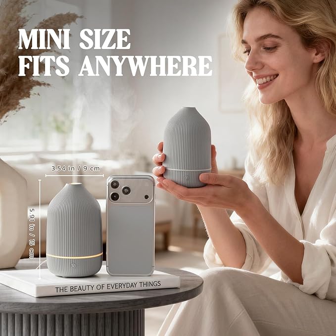 Essential Oil Diffuser, 100ml Aromatherapy Diffuser, Mini Ultrasonic Diffuser for Essential Oil, Home, Office, Cool Mist Humidifier with 7 Led Light, Auto Shut-Off, Grey
