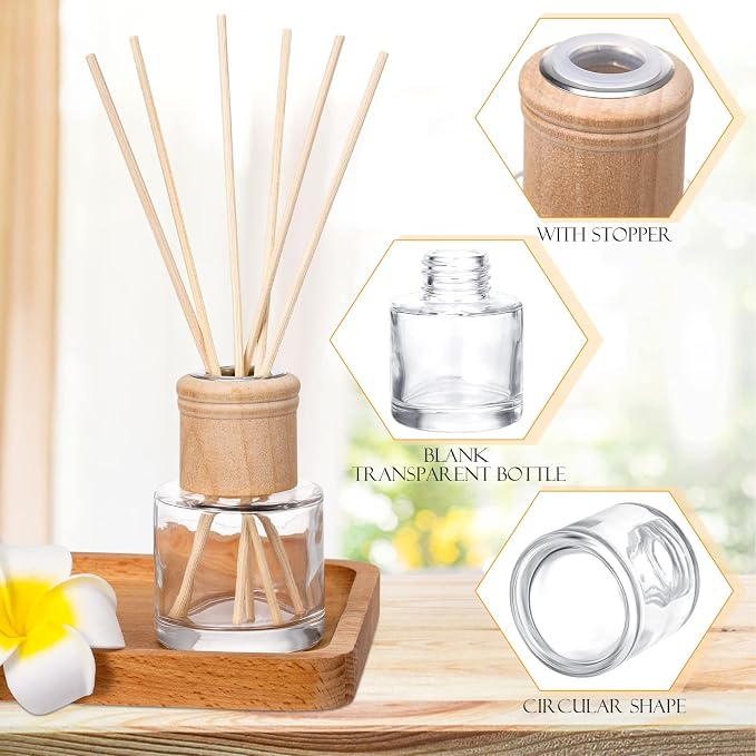 Roshtia 2 Set Reed Diffuser Bottle Empty Refillable Fragrance Glass Diffuser Bottles Set with Wooden Caps Sticks 50ml 1.7 oz Round Glass Jars for DIY Fragrance