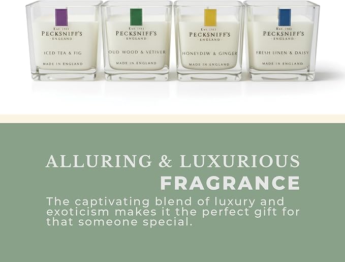 Pecksniff’s Candle Gift Set – Premium Single Wick Candles in Metal Caddy, Handcrafted in England, 4 Scents, 70g Each (Set of 4) – Iced Tea & Fig, Oudwood Vetiver, Honeydew Ginger, Fresh Linen Daisy
